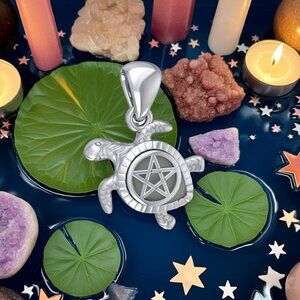 Sea Turtle with Pentacle Shell Protection Spiritual Sterling Silver Pendant